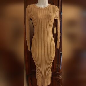 Elegant Tan Ribbed Knit Long Sleeve Dress